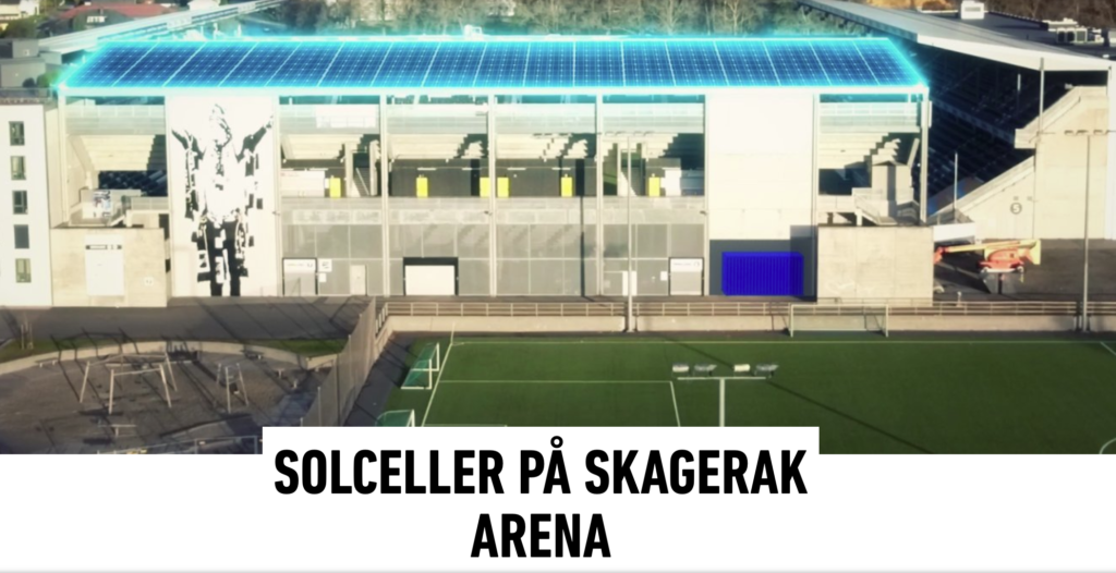 Arkitekttegning av nfotballstadion med solceller på tribunetaket